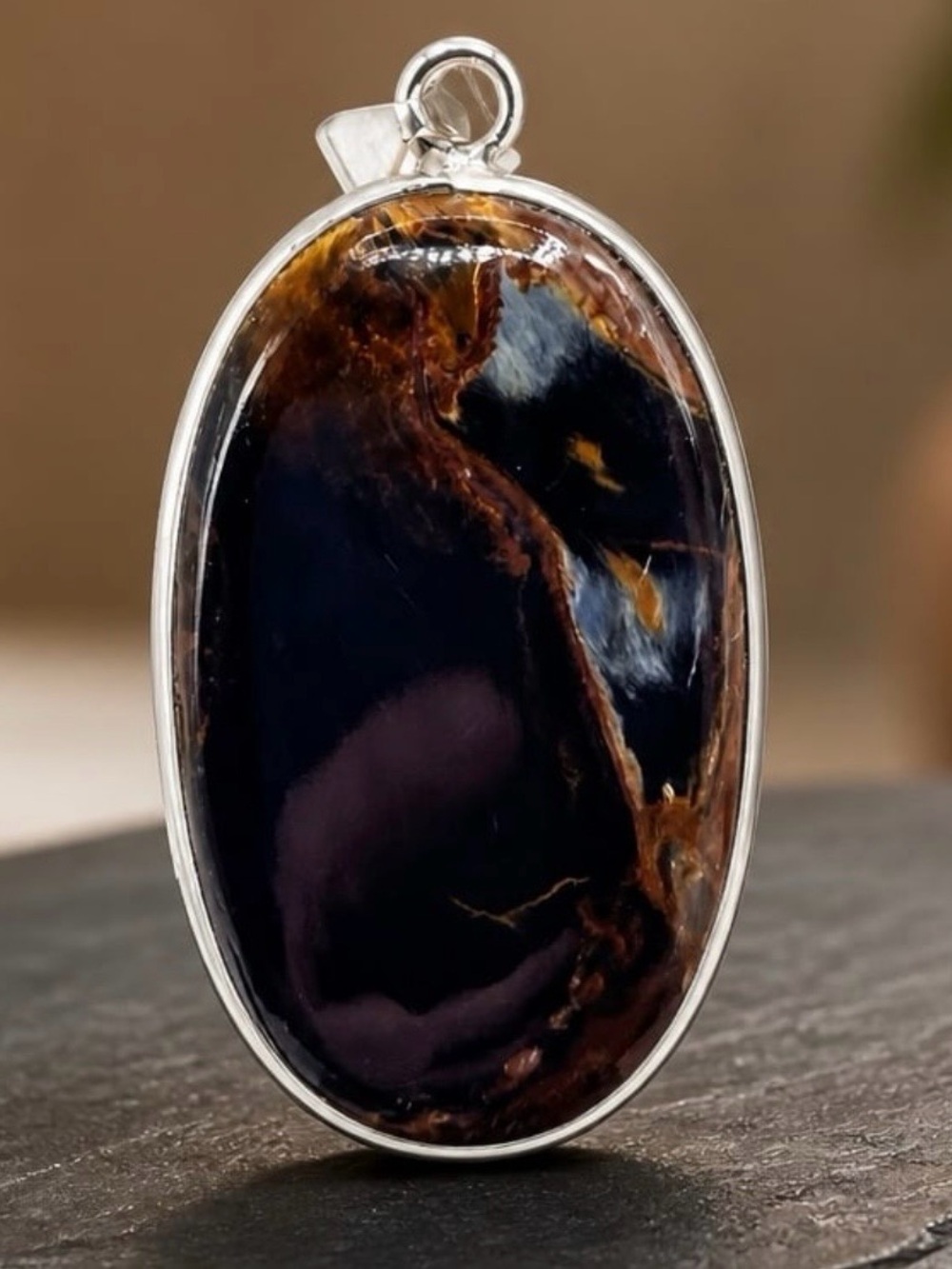 Pietersite 925 Sterling Silver Brown and Black Oval Pendant